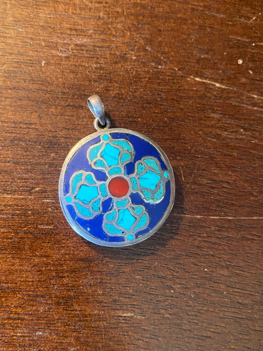 Blue Lapis and Turquoise mandala / star Pendant Necklace with red gemstone